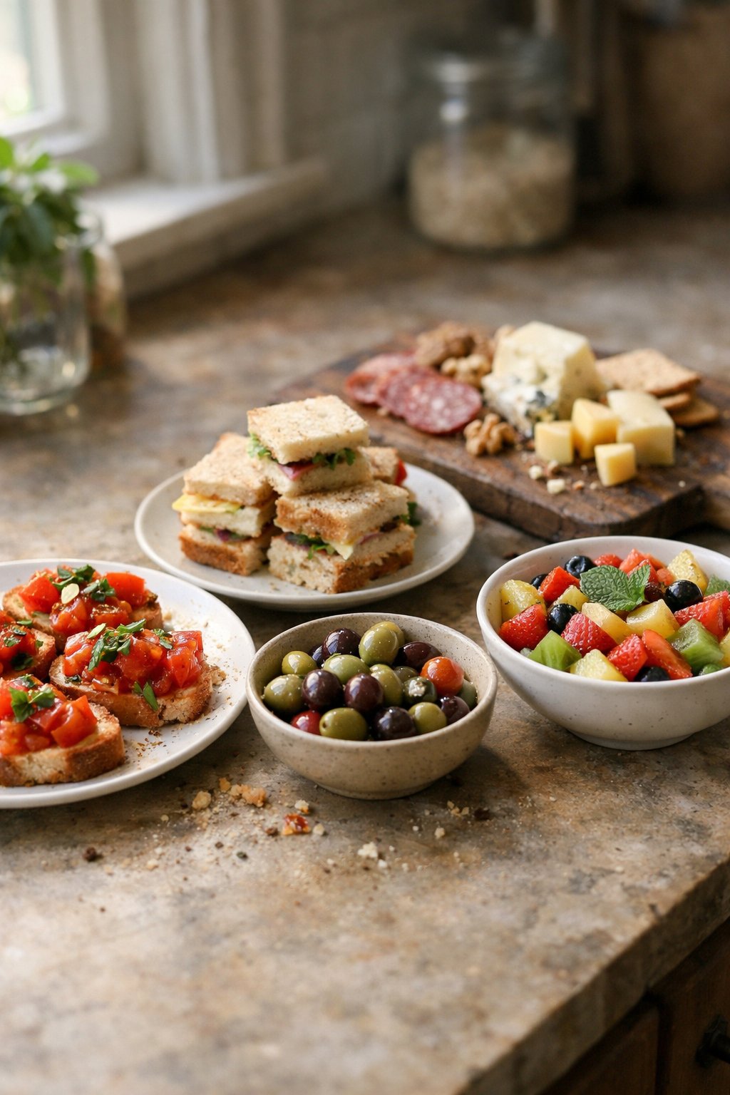 A variety of casual Galentine's Day party foods arranged on a worn wooden surface in a home kitchen, including bruschetta, olives, mini sandwiches, cheese, and fruit salad.