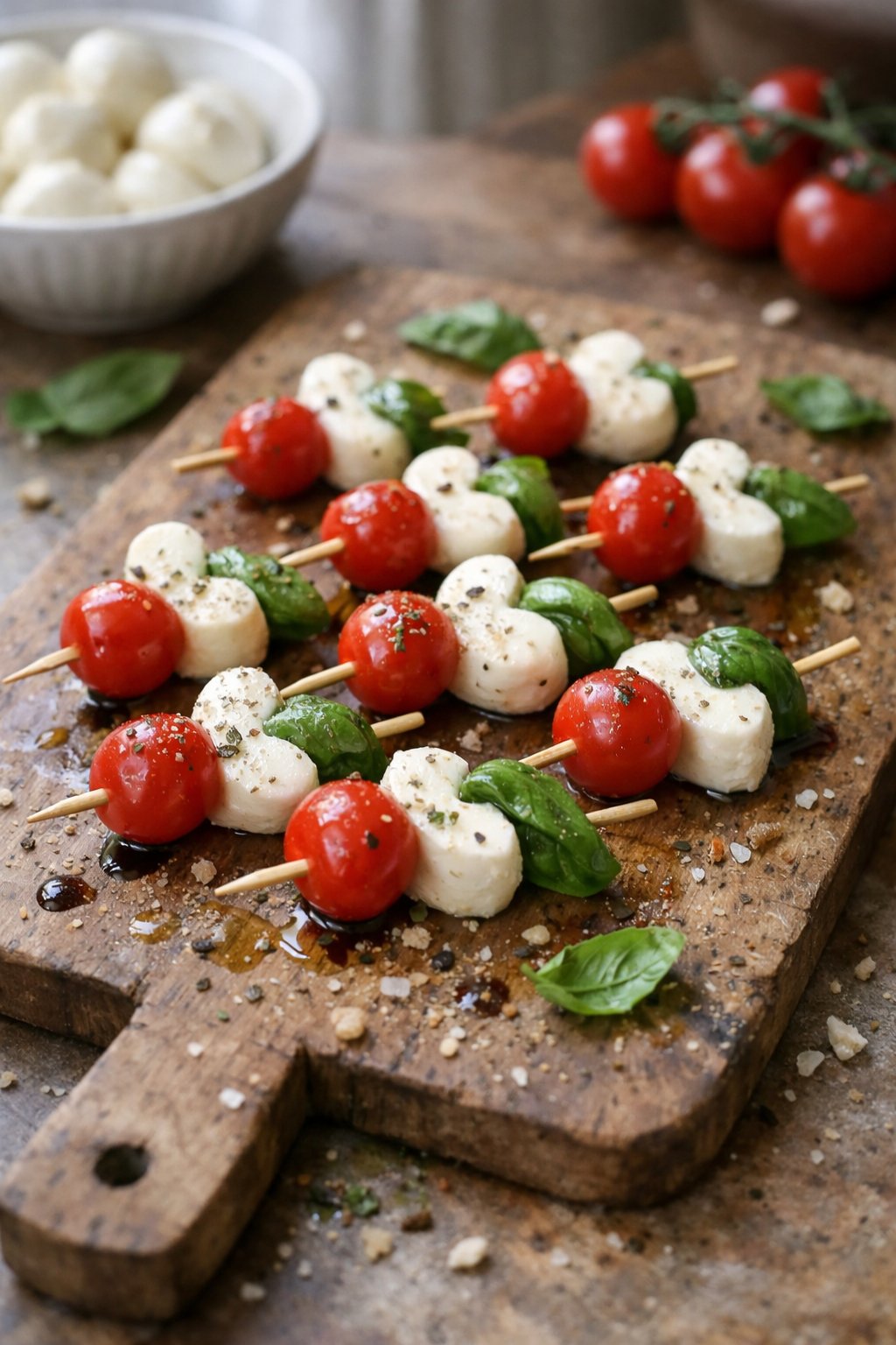 Heart-shaped Caprese skewers on skewers with mozzarella, cherry tomatoes, and basil on a worn wooden or stone surface in a home kitchen.