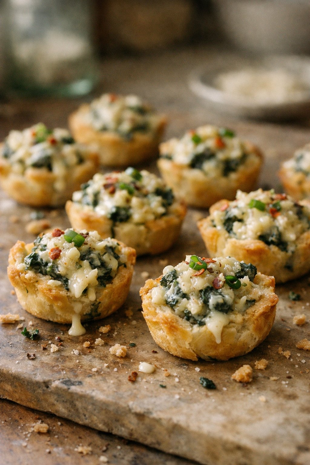 Mini spinach and artichoke dip bites casually arranged on a worn wooden or stone surface in a home kitchen, softly lit by natural window light from the side.