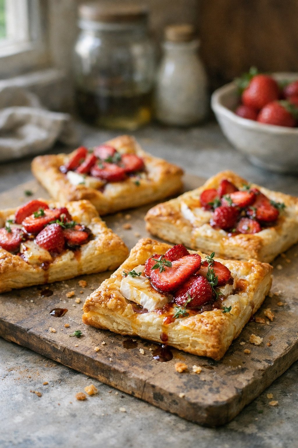 Casually plated strawberry and brie puff pastry tarts on a worn wooden surface in a home kitchen lit by soft natural window light.