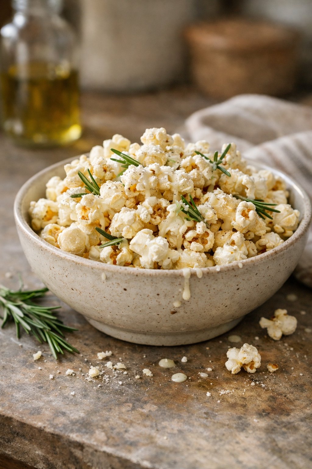 A bowl of rosemary parmesan popcorn on a worn wooden surface in a home kitchen with natural light coming from the side.
