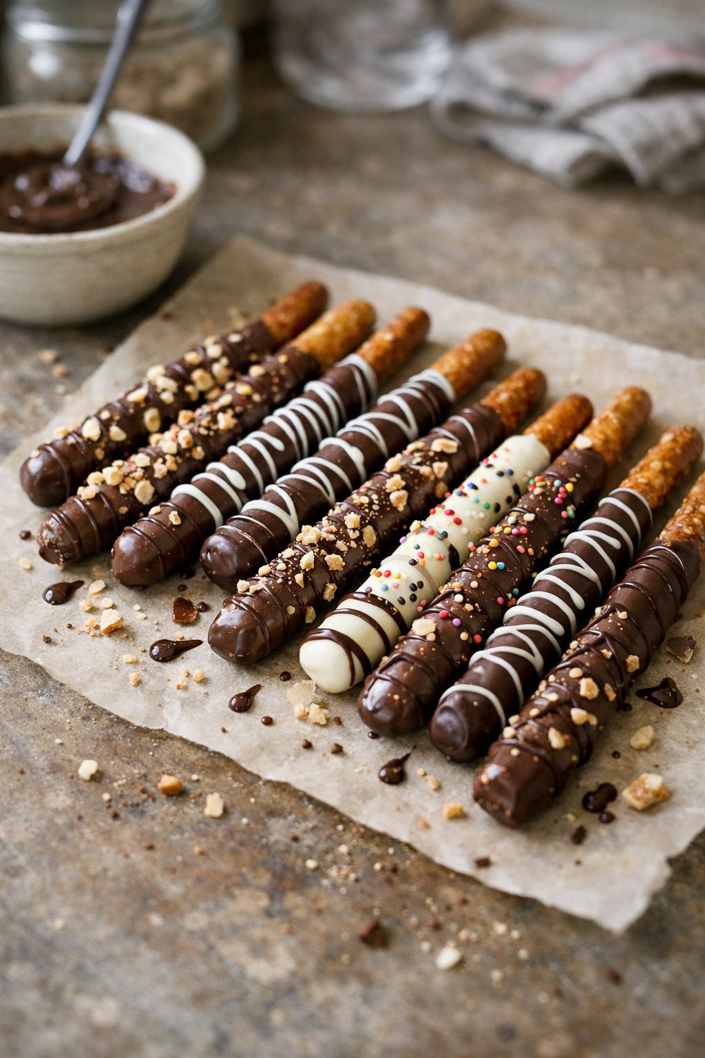 Chocolate-covered pretzel rods casually arranged on a worn wooden surface in a home kitchen with natural side lighting.