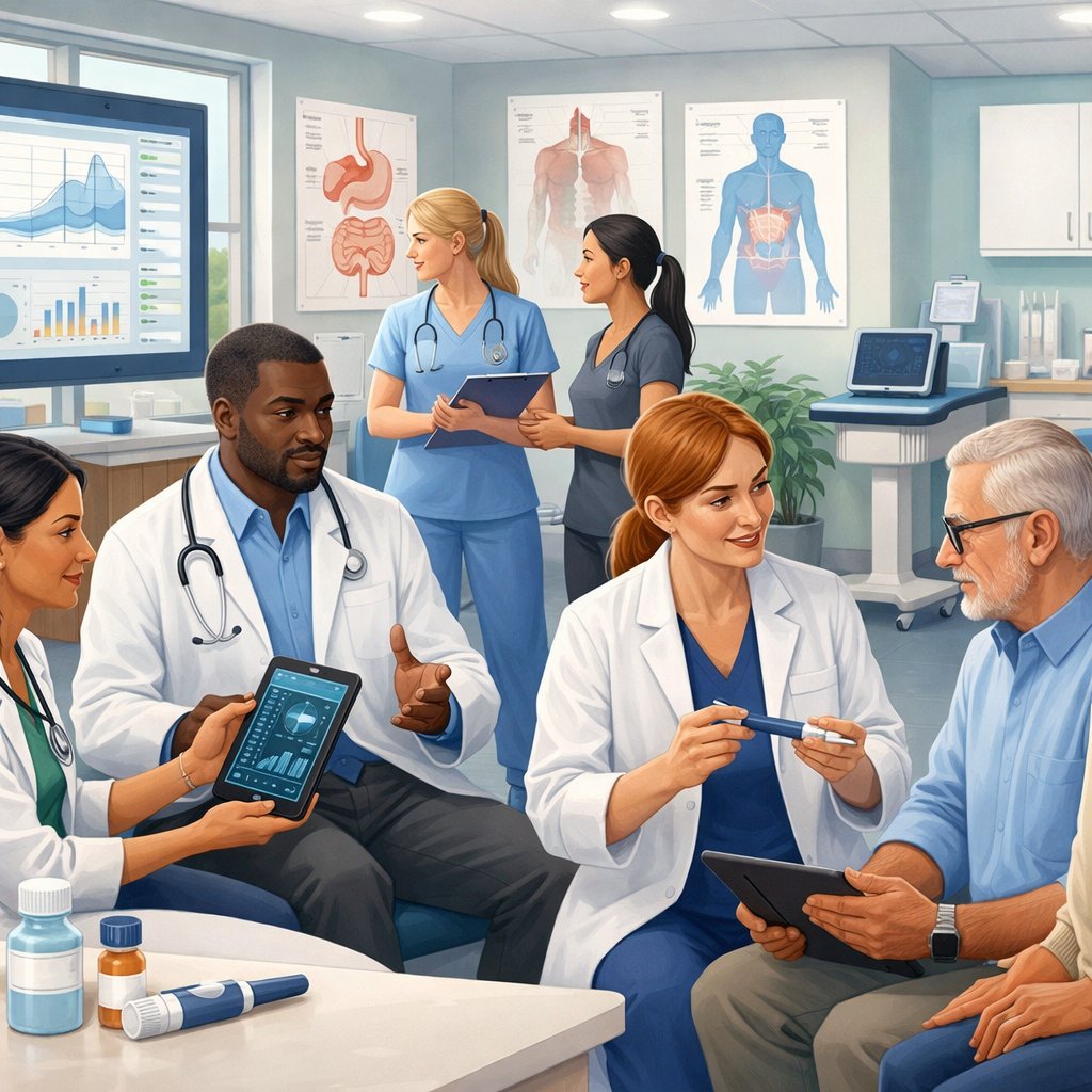 Healthcare professionals consulting with patients in a modern clinic focused on metabolic health treatments.