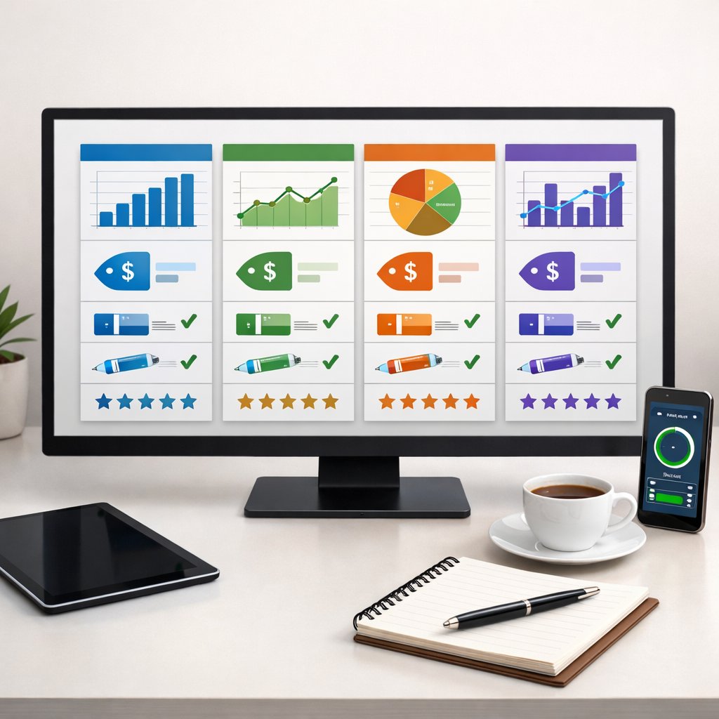 A workspace with a computer screen showing charts comparing different GLP-1 online providers, surrounded by a tablet, smartphone, coffee cup, and notepad.