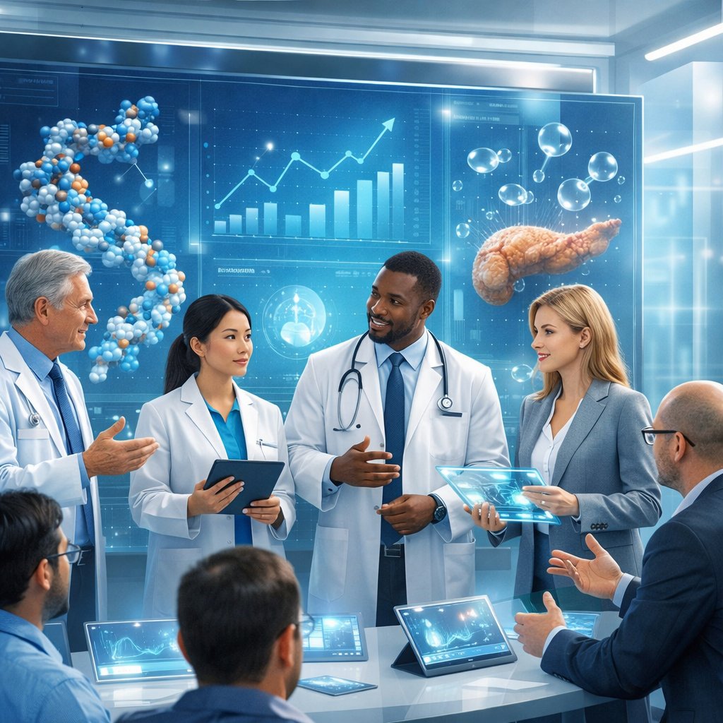 Healthcare professionals discussing data and molecular structures related to GLP-1 medications in a modern medical conference setting.