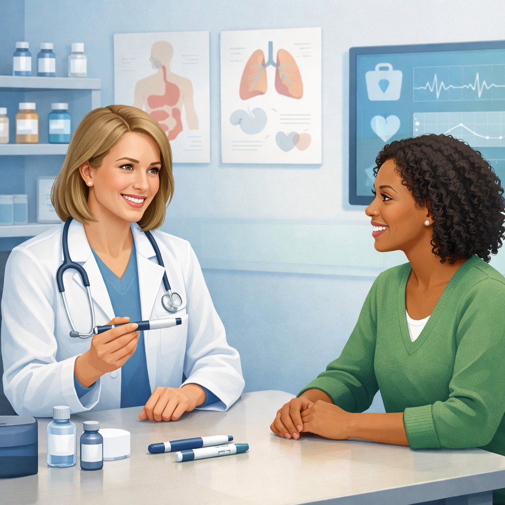 A healthcare professional consulting with a patient in a bright clinic with medical equipment and medication bottles in the background.
