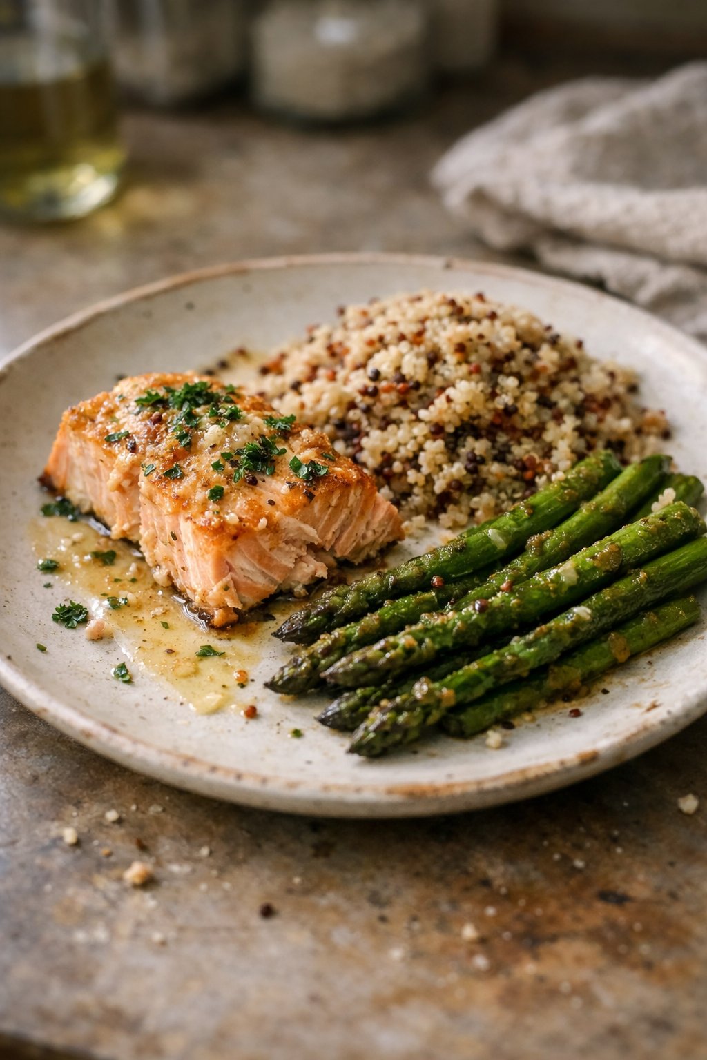 A plate of baked salmon with asparagus and quinoa on a wooden surface in a home kitchen, softly lit by window light from the side.