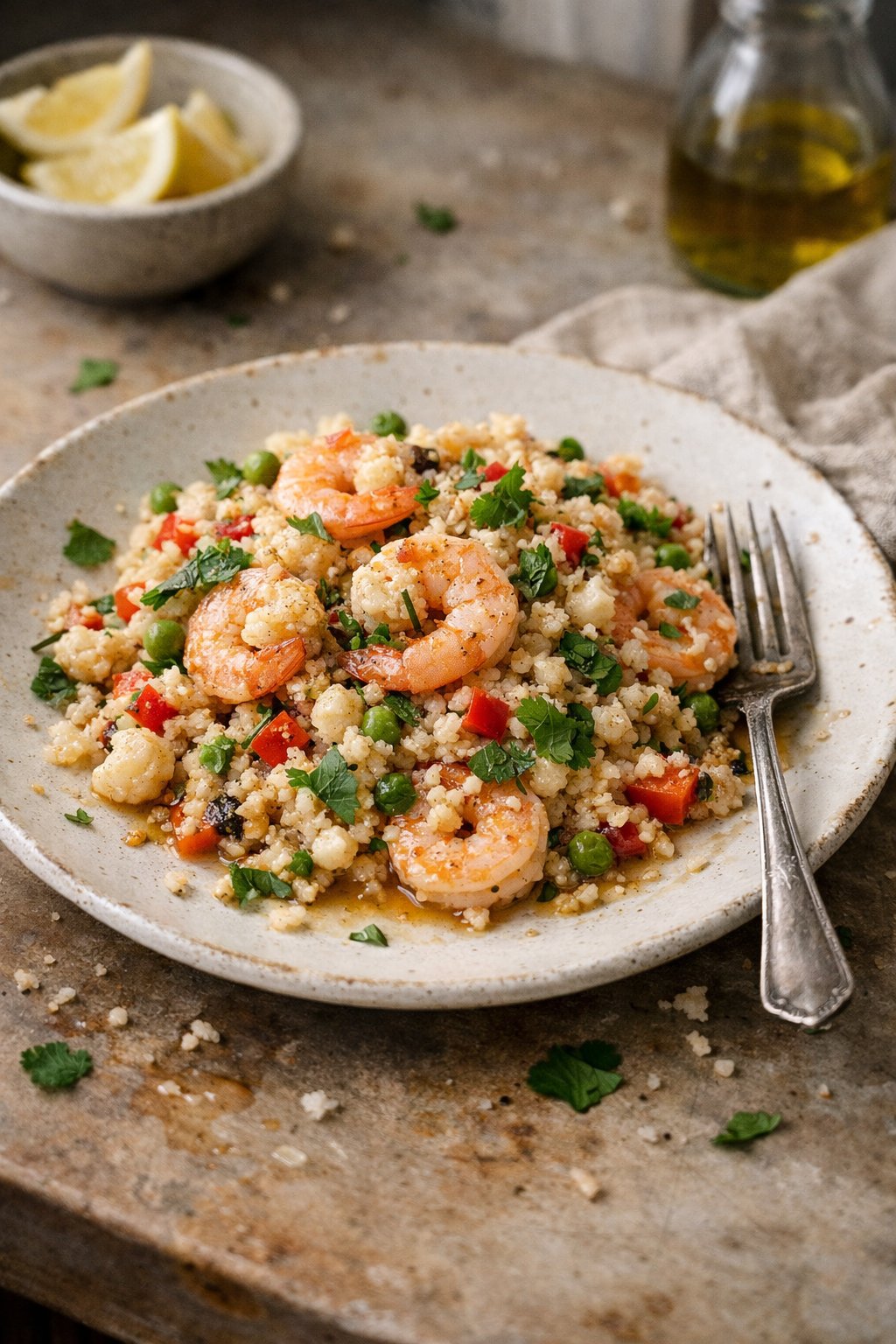 A plate of cauliflower rice stir-fry with shrimp on a worn wooden surface in a home kitchen, with natural light and subtle shadows.