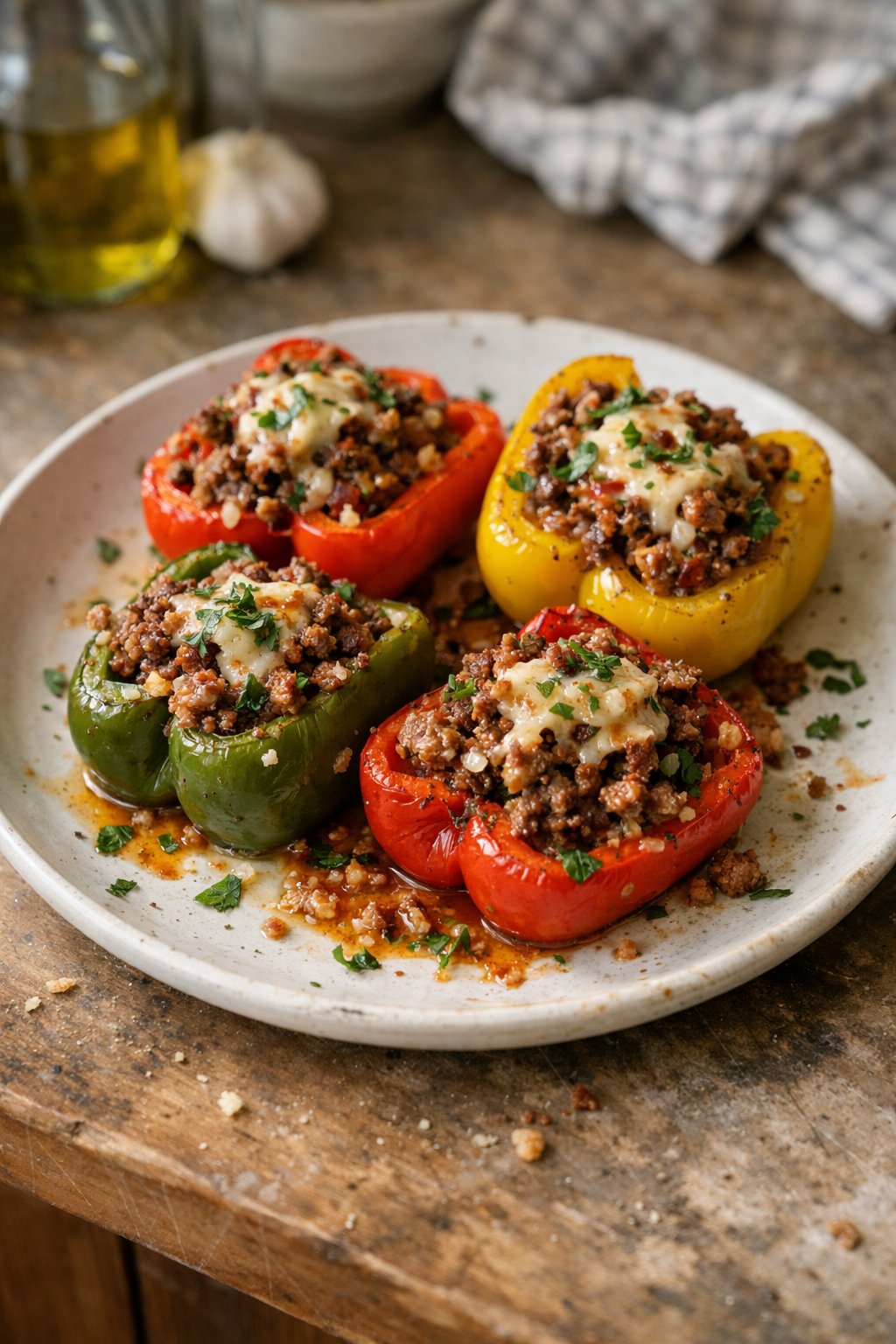 A plate of stuffed bell peppers with ground beef on a worn wooden surface in a home kitchen, softly lit by window light from the side.