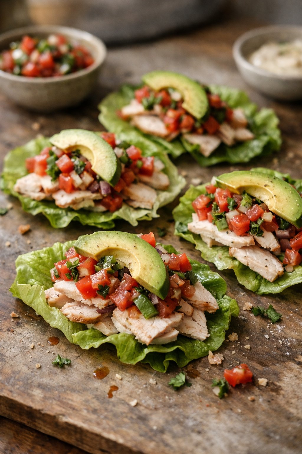 Turkey lettuce wraps with avocado and salsa on a wooden surface in a home kitchen.