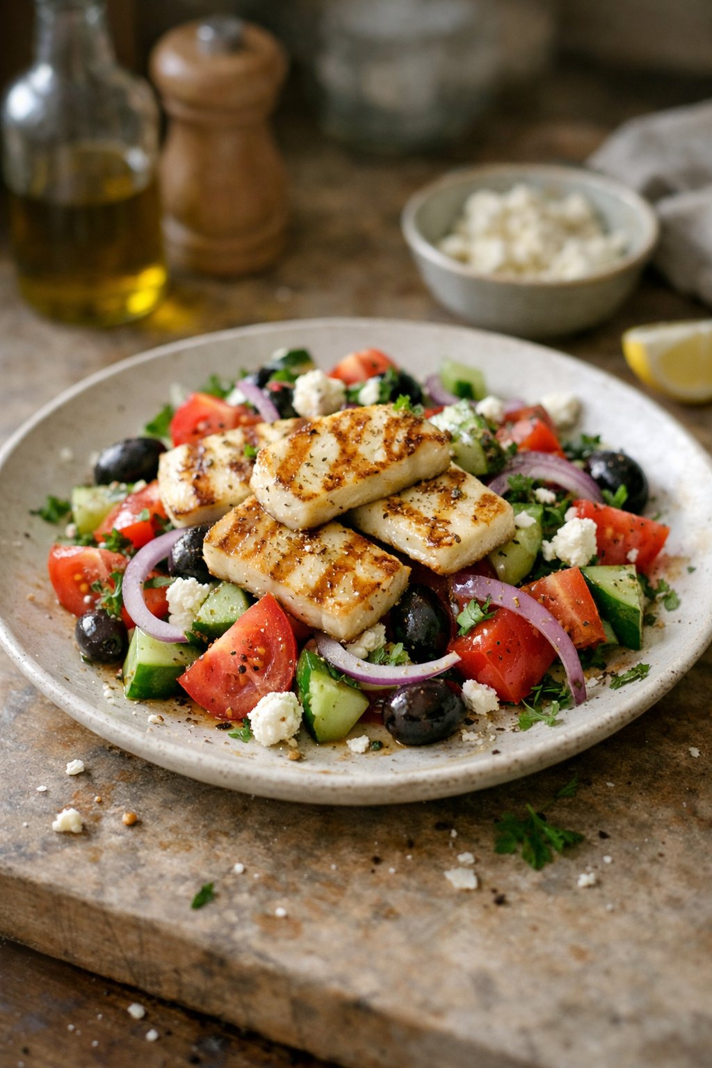 A plate of Greek salad with grilled halloumi cheese on a worn wooden surface in a home kitchen, with natural light and visible food imperfections.