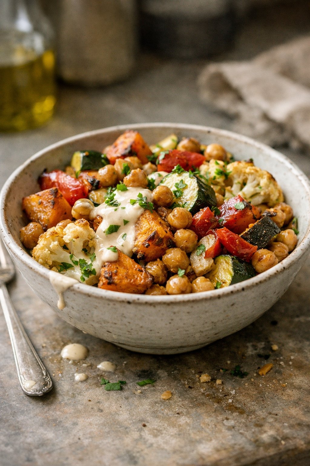 A bowl of roasted vegetables and chickpeas on a worn wooden surface in a home kitchen, with natural light coming from the side.