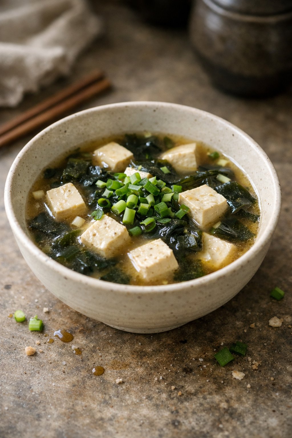 A bowl of miso soup with tofu and seaweed on a wooden surface in a home kitchen.