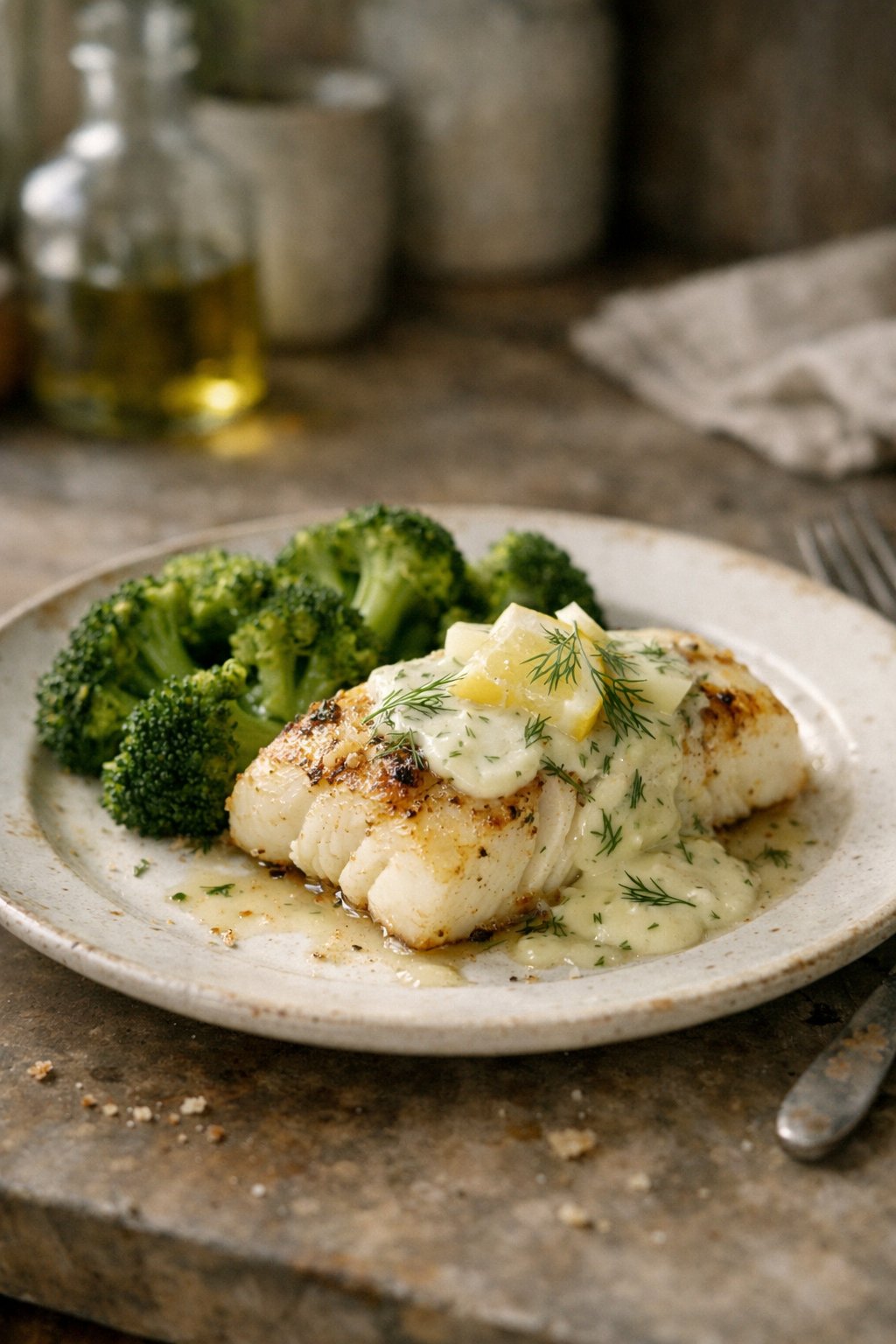 A plate of grilled cod with lemon-dill sauce and steamed broccoli on a worn wooden surface in a home kitchen.