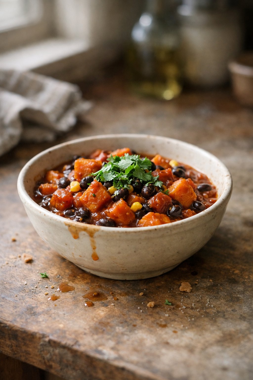 A bowl of sweet potato and black bean chili on a worn wooden surface in a home kitchen, with natural light coming from the side.