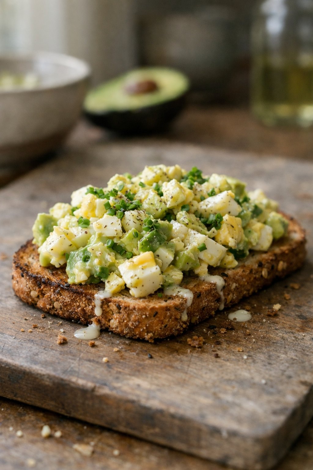 A plate with avocado egg salad on whole grain toast on a wooden surface in a kitchen, with natural light and small food imperfections visible.
