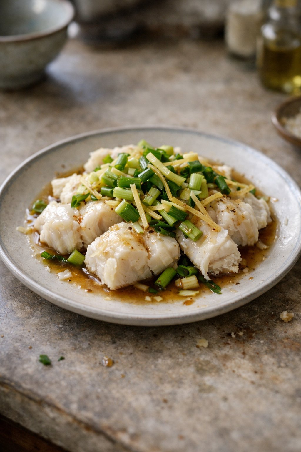 A plate of steamed cod with ginger and scallions on a worn wooden surface in a home kitchen, softly lit by natural window light from the side.