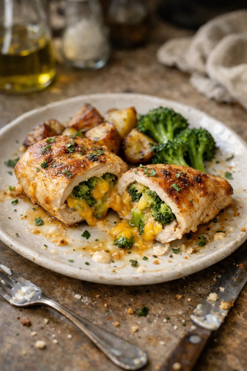A plate of broccoli and cheddar stuffed chicken breast on a wooden surface in a home kitchen, with natural light and subtle shadows.