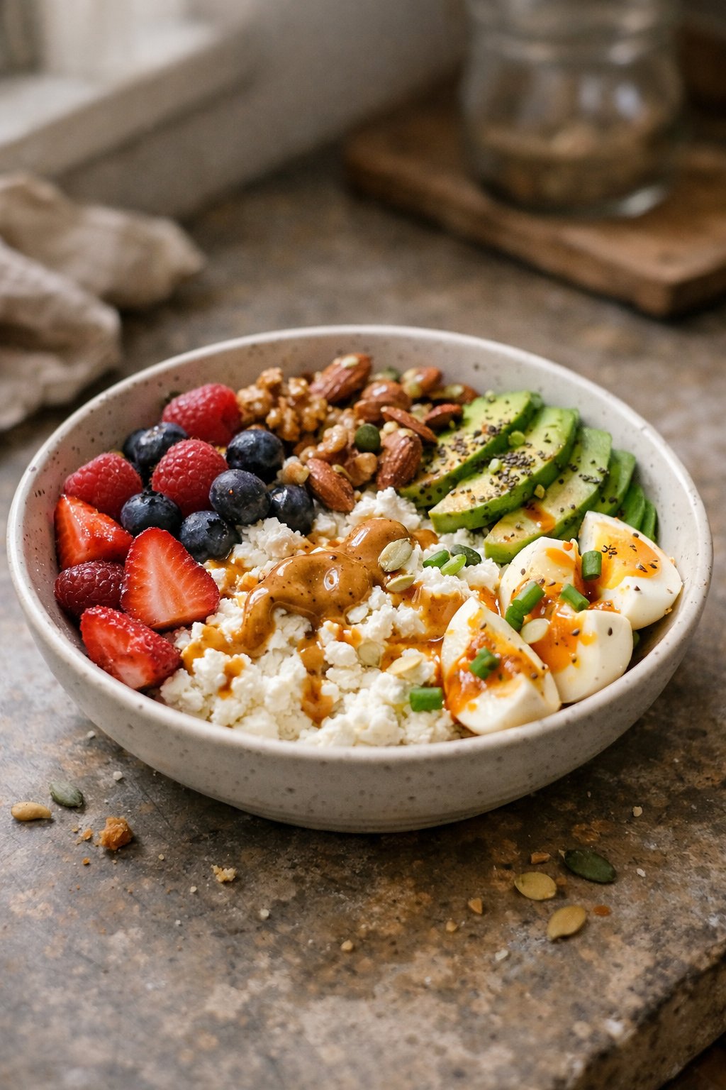 A casually plated bowl of cottage cheese with fresh fruit and nuts on a worn kitchen surface, softly lit by window light from the side.