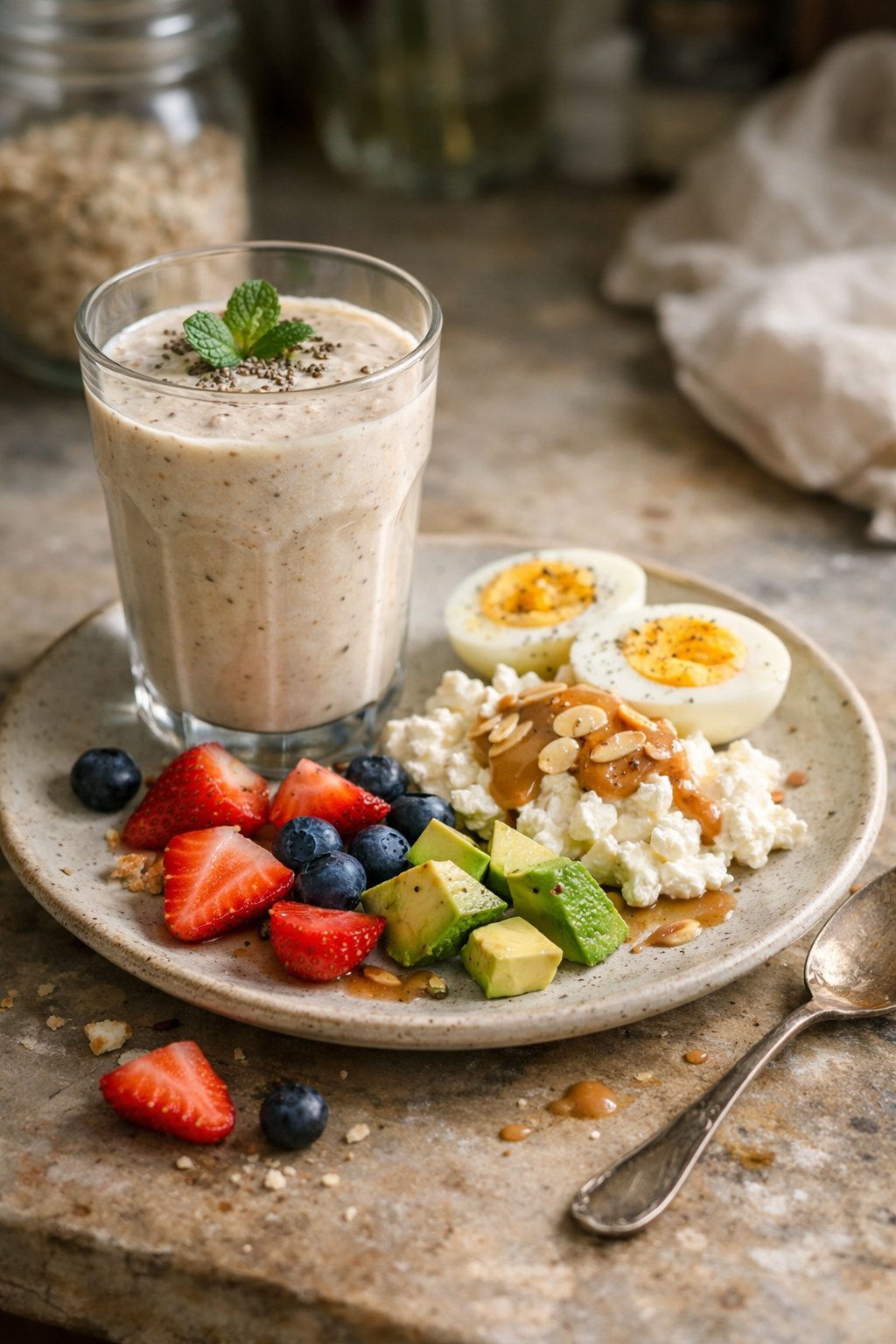 A high-protein smoothie in a glass on a worn wooden surface in a home kitchen, surrounded by fresh fruit pieces and small crumbs.