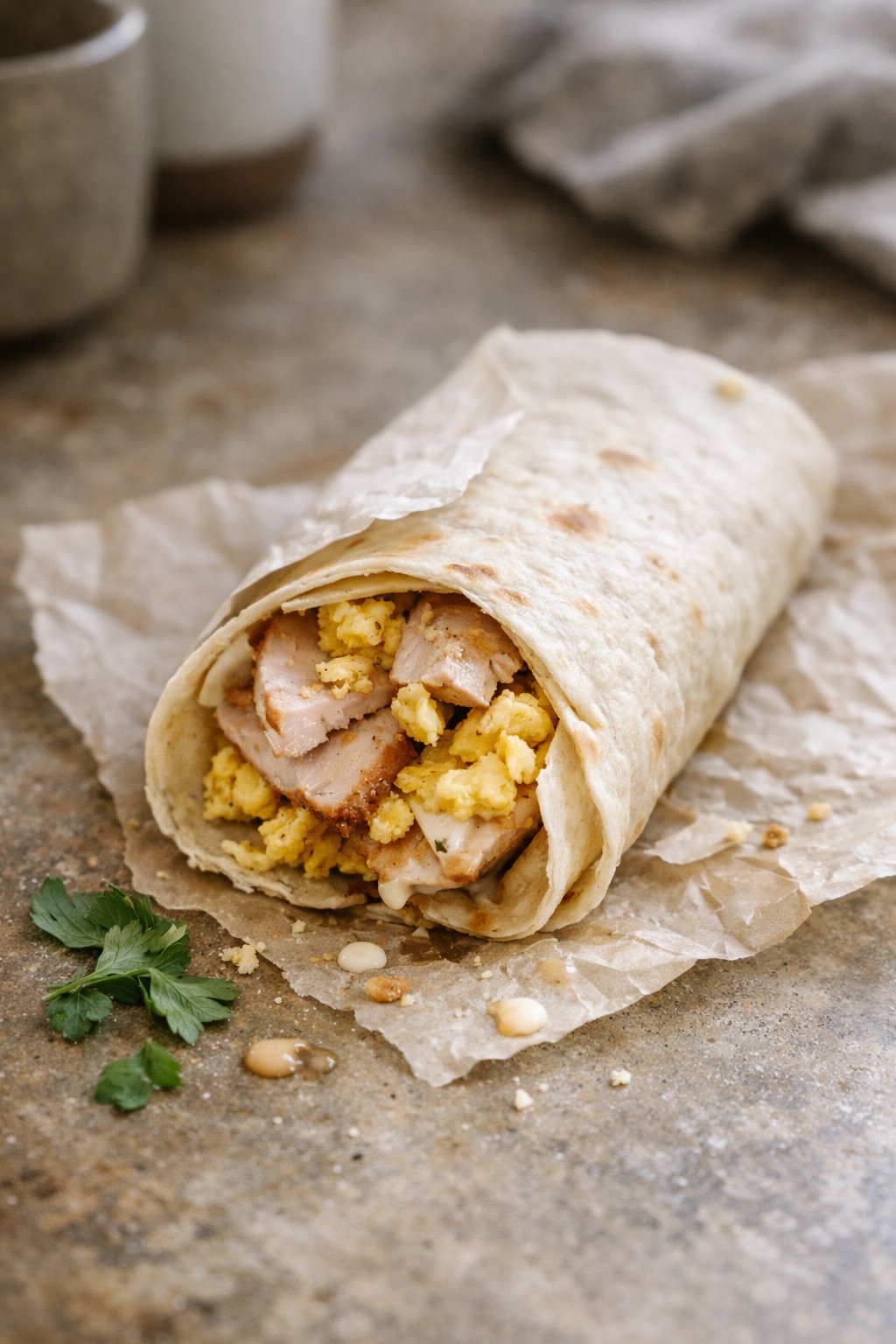 A turkey and egg breakfast wrap on a worn wooden surface in a home kitchen, with crumbs and sauce drips visible around it.