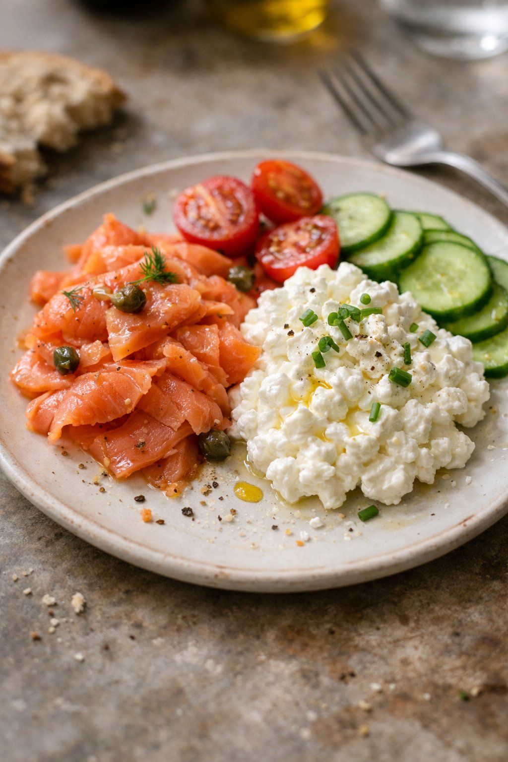 A plate with smoked salmon and cottage cheese on a worn wooden surface in a home kitchen, softly lit by natural window light from the side.