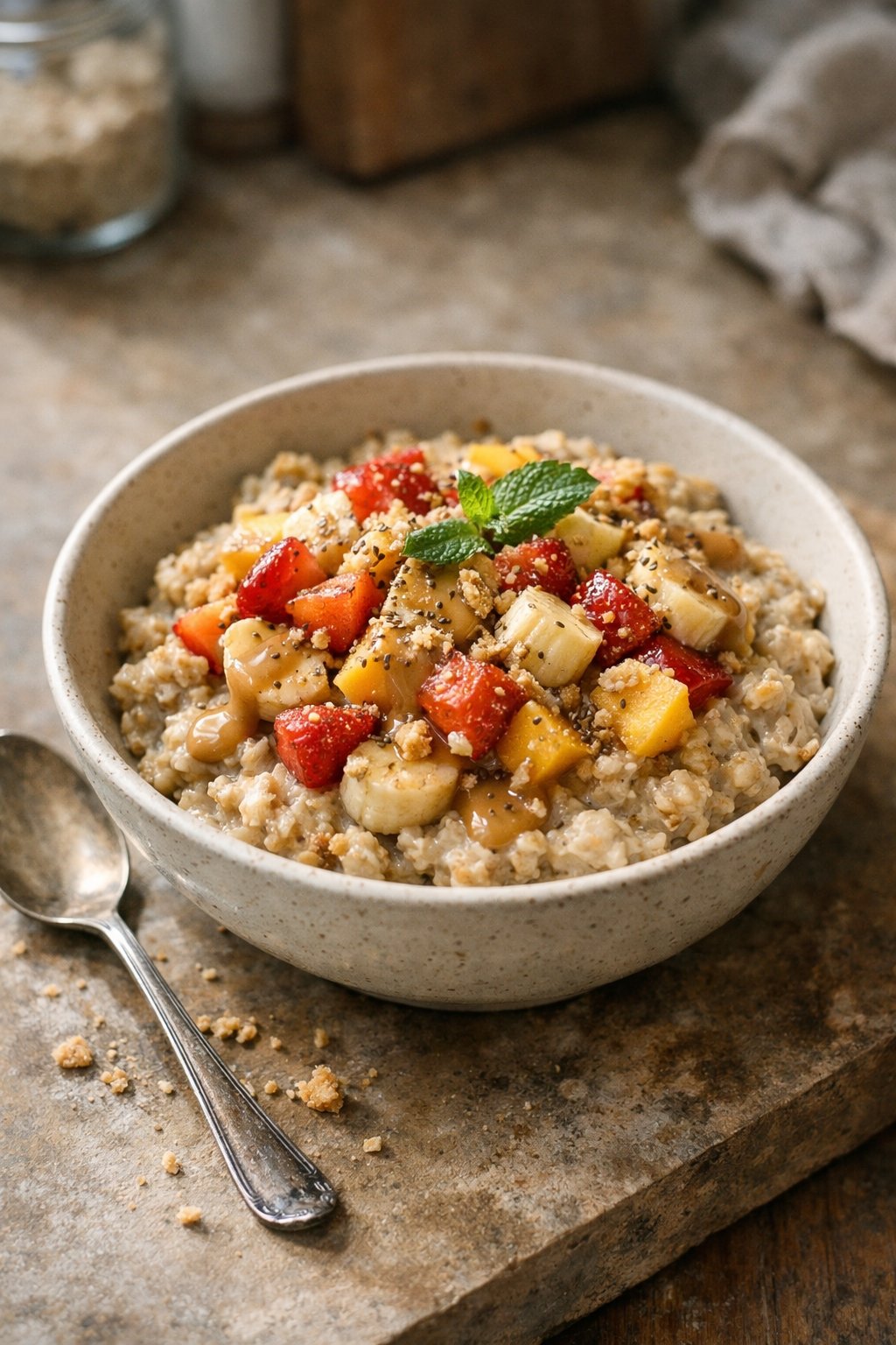 A bowl of protein oatmeal with fresh fruit on a worn wooden kitchen surface, softly lit by window light from the side.