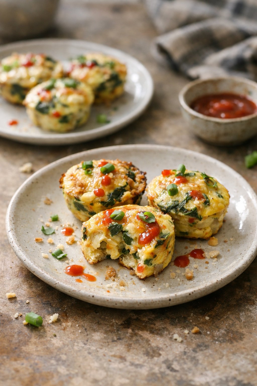 A plate of egg muffins on a worn wooden surface in a home kitchen, softly lit by window light from the side, with crumbs and sauce drips visible around the food.