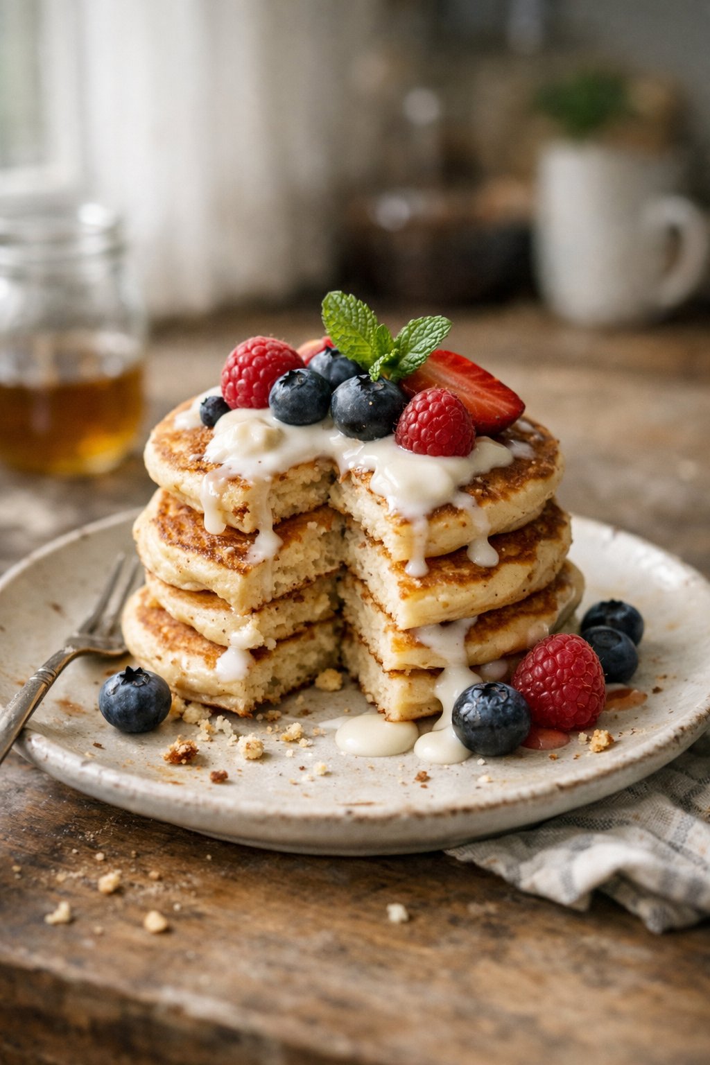 A stack of Greek yogurt pancakes on a plate with berries and mint on a wooden surface in a home kitchen.
