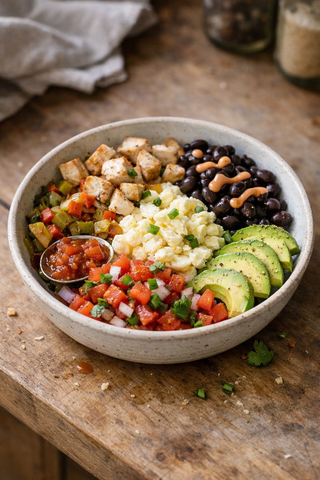 A bowl of breakfast burrito ingredients on a wooden kitchen surface with natural light coming from the side.