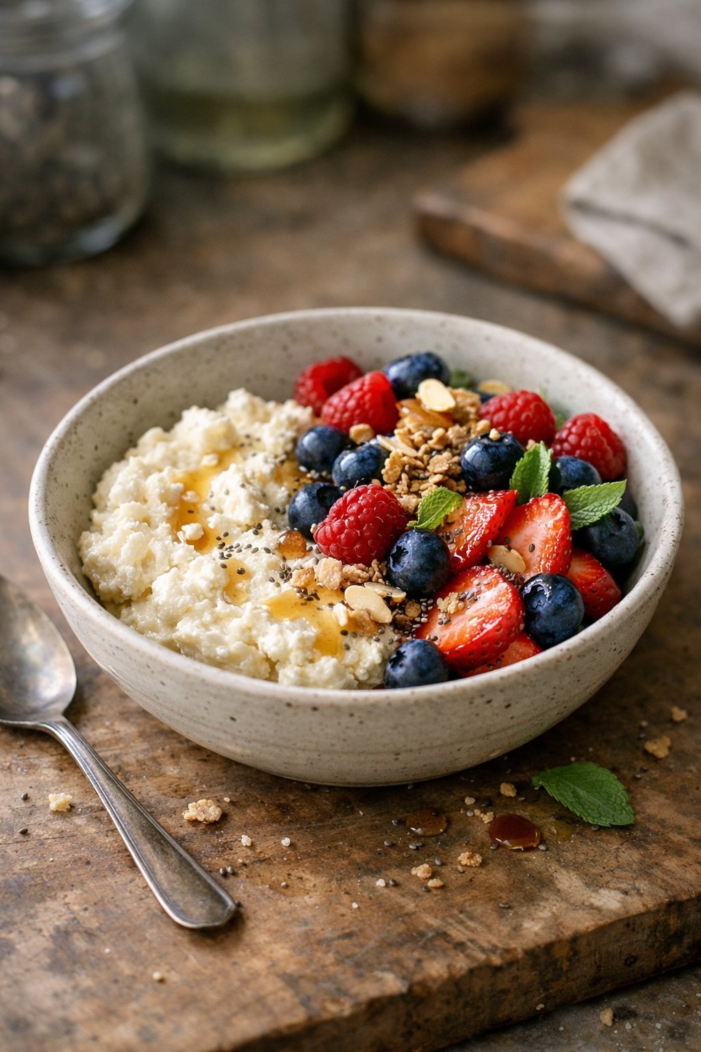 A bowl of ricotta and berries on a worn wooden surface in a home kitchen, lit by soft natural window light from the side.