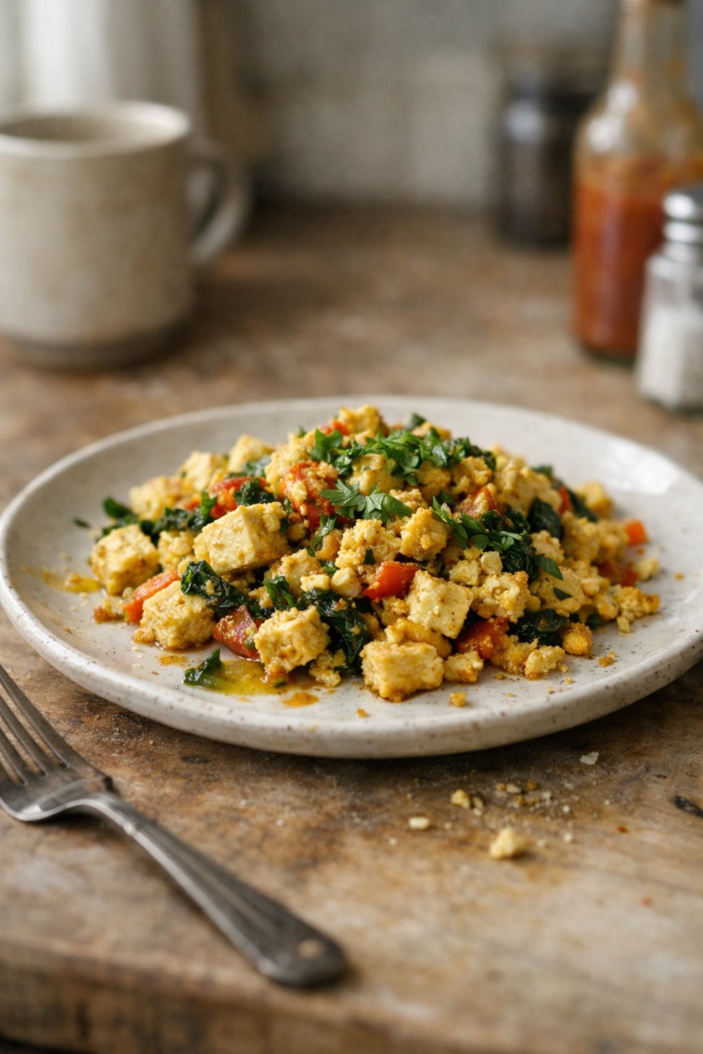 A plate of tofu breakfast scramble on a worn wooden surface in a home kitchen, lit by soft window light from the side.