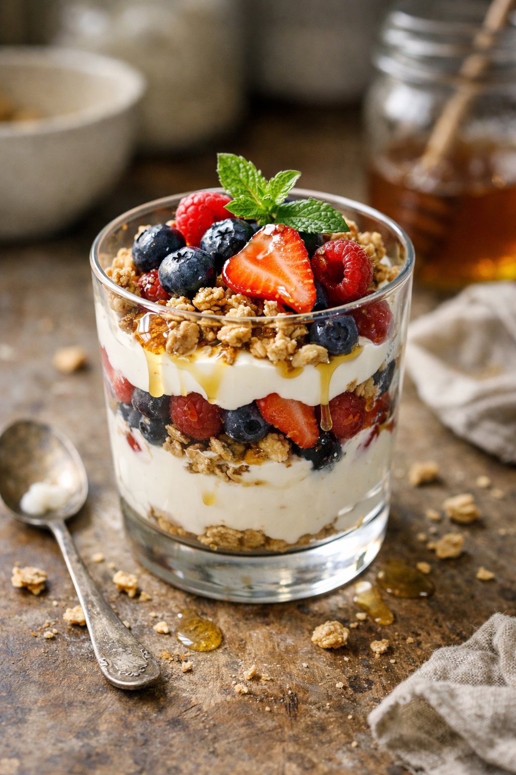 A protein breakfast parfait with yogurt, berries, and granola on a worn wooden surface in a home kitchen, softly lit by window light from the side.