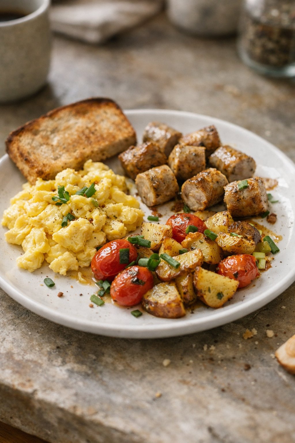 A plate with chicken sausage and eggs on a worn wooden surface in a home kitchen, softly lit by window light from the side.