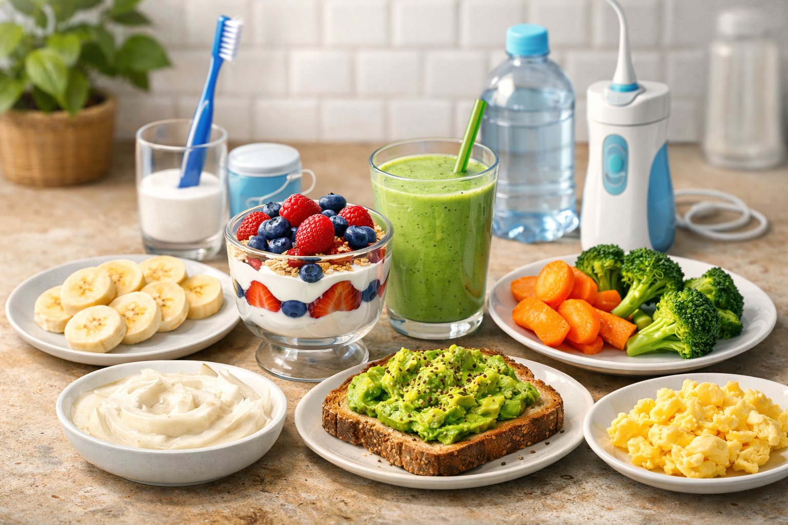 A kitchen countertop displaying a variety of soft and healthy foods suitable for people with braces, including bananas, yogurt with berries, mashed avocado toast, steamed vegetables, scrambled eggs, and a smoothie, with dental care items in the background.