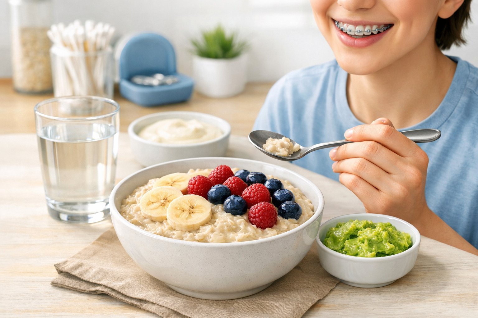A bowl of oatmeal topped with soft fruits on a table, with a young person wearing braces gently holding a spoon nearby.