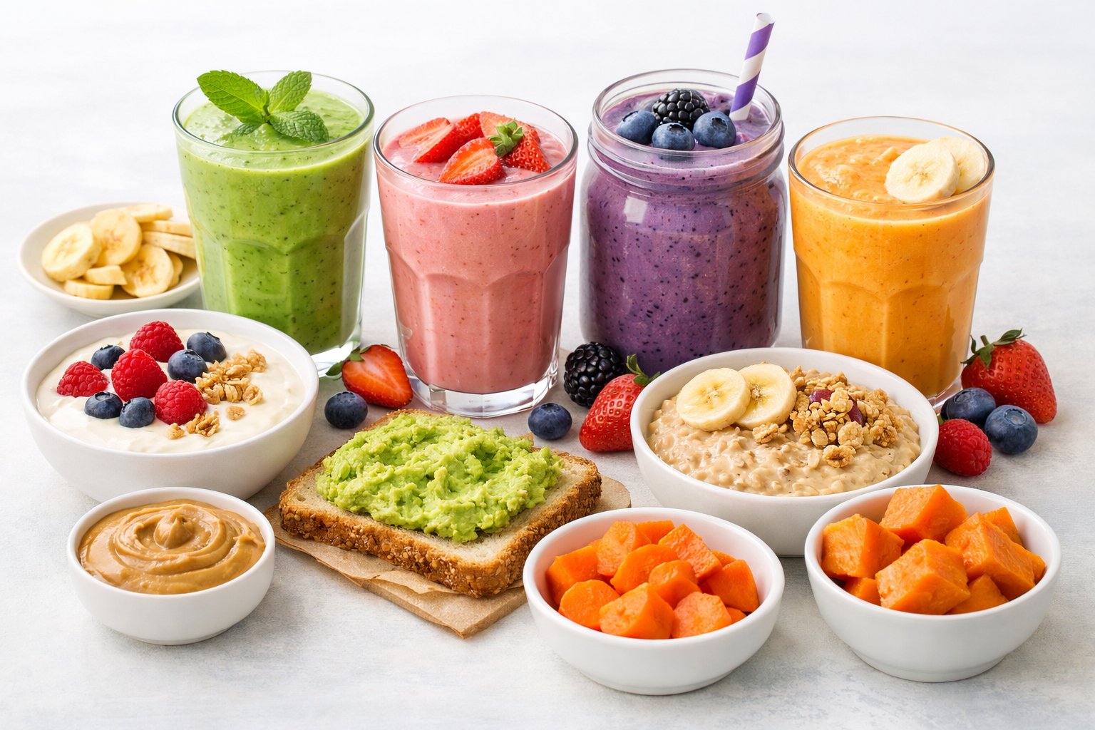 An assortment of colorful smoothies and soft foods suitable for people with braces arranged on a light surface.