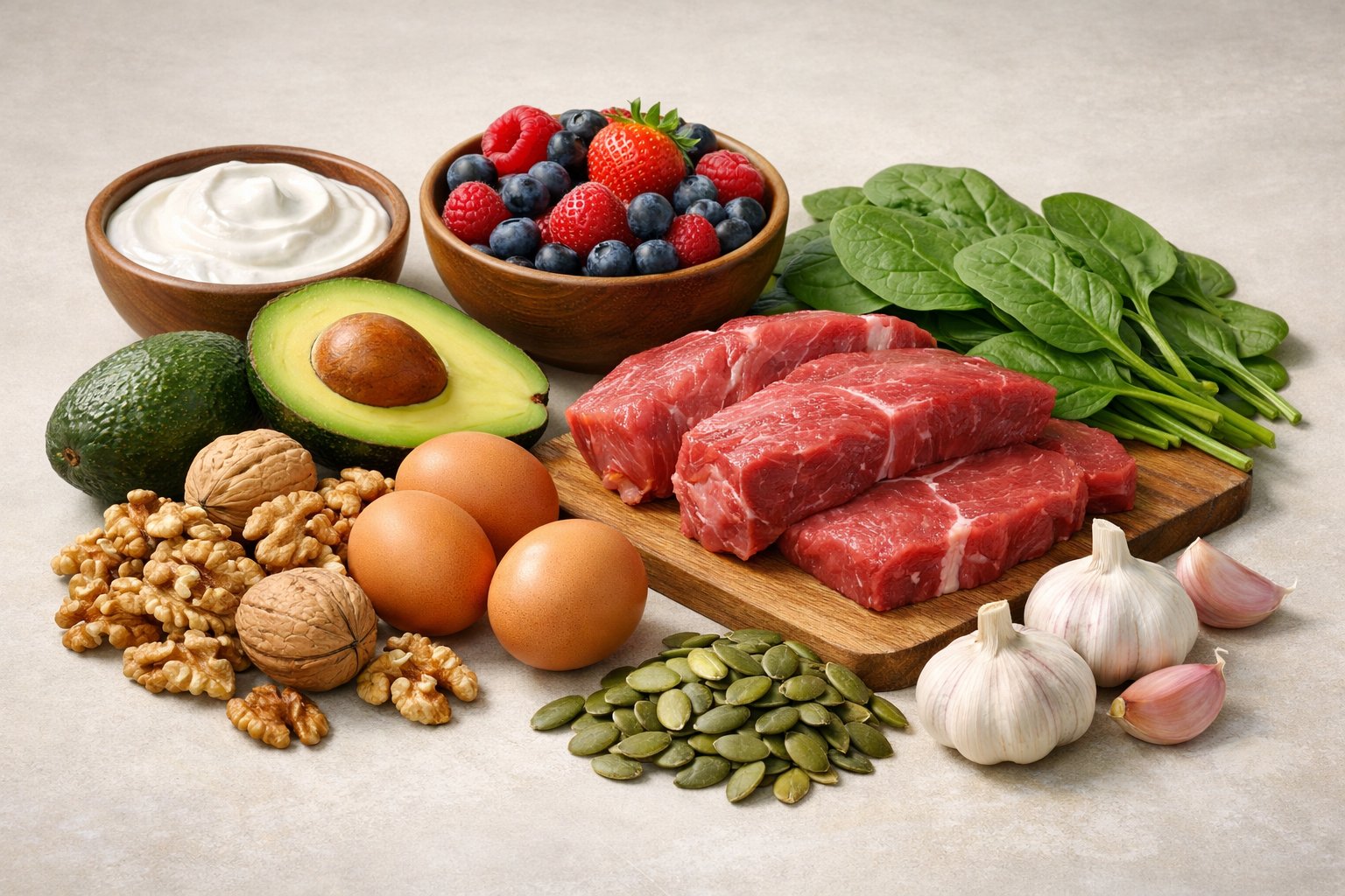 An arrangement of various testosterone-boosting foods including avocados, walnuts, eggs, beef, spinach, pumpkin seeds, garlic, Greek yogurt, and berries on a neutral background.