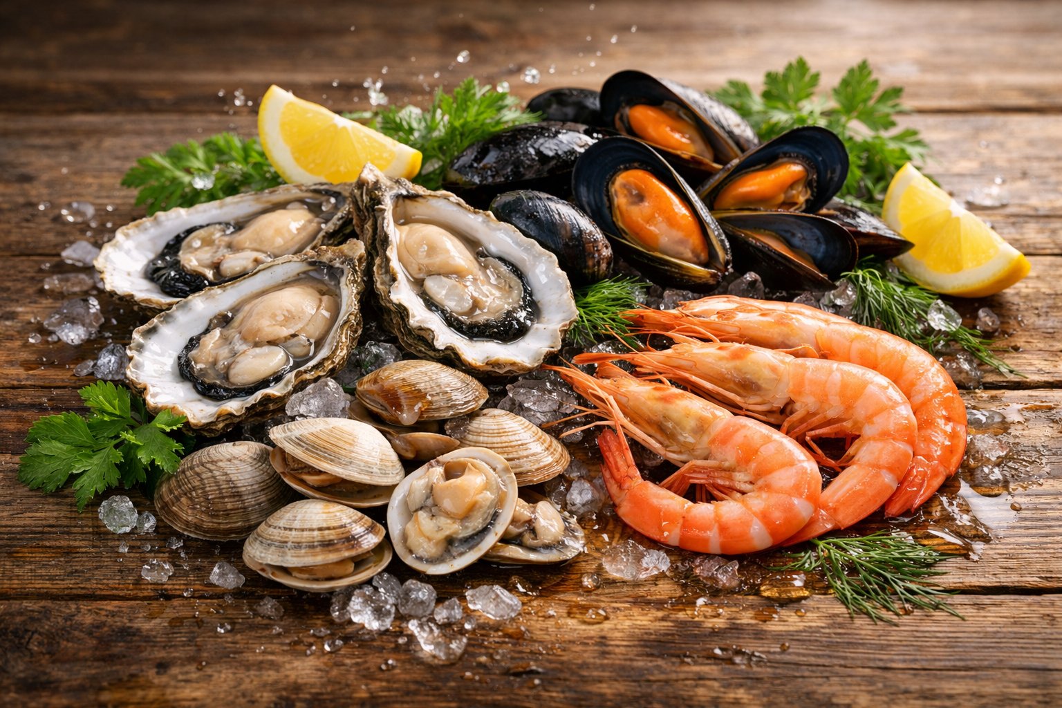 A variety of fresh shellfish including oysters, mussels, clams, and shrimp arranged on a wooden surface with lemon wedges and herbs.