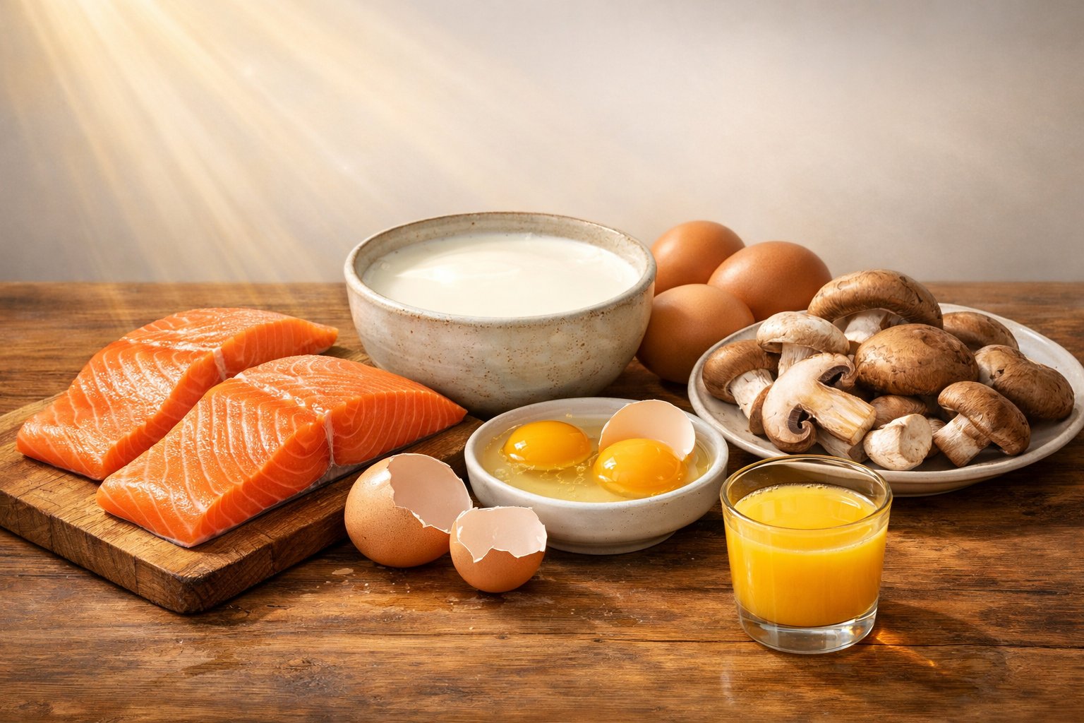 An assortment of vitamin D rich foods including salmon, eggs, mushrooms, fortified milk, and orange juice arranged on a table with sunlight shining on them.