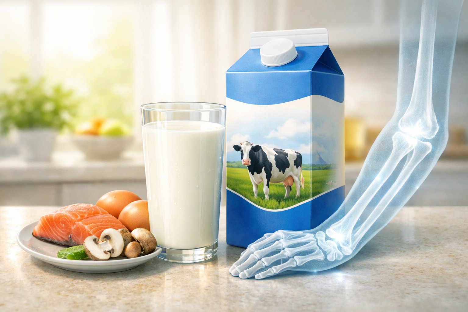A glass and carton of fortified cow's milk on a kitchen counter with images of healthy bones and foods rich in Vitamin D like salmon, eggs, and mushrooms nearby.