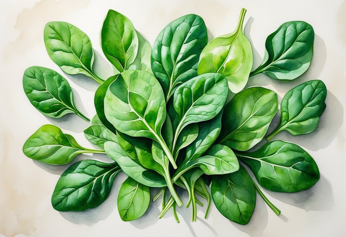 A close-up view of fresh green spinach leaves arranged on a plain surface.
