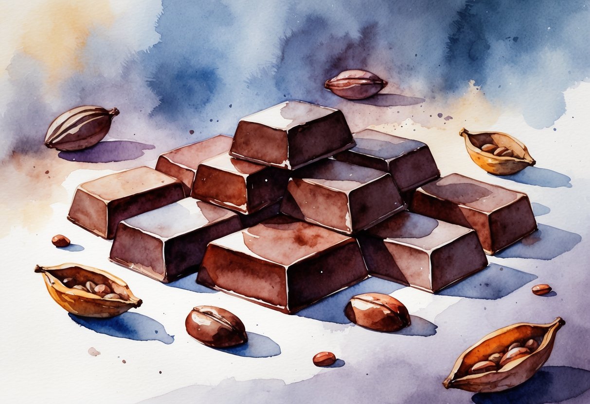 An assortment of dark chocolate pieces surrounded by cocoa beans and pods with a calm evening background.