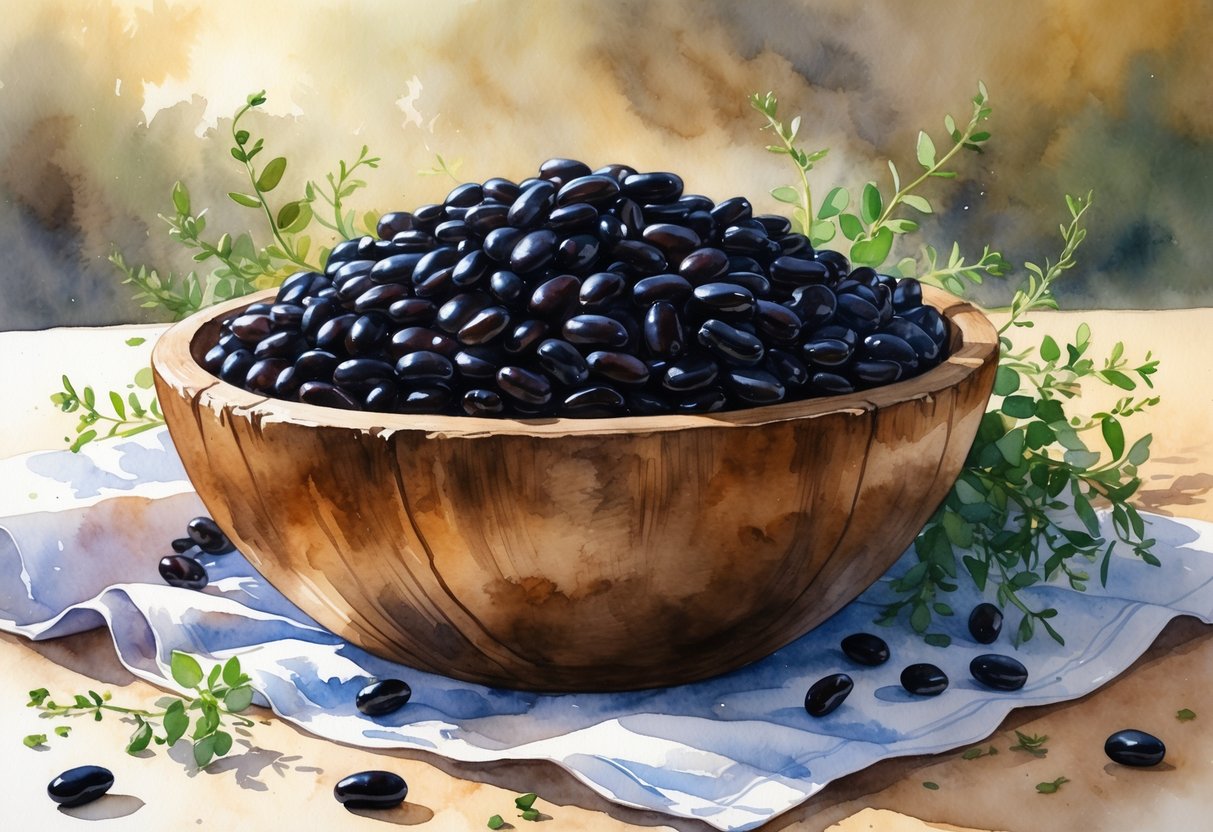 A bowl of black beans on a wooden table with green herbs around it.