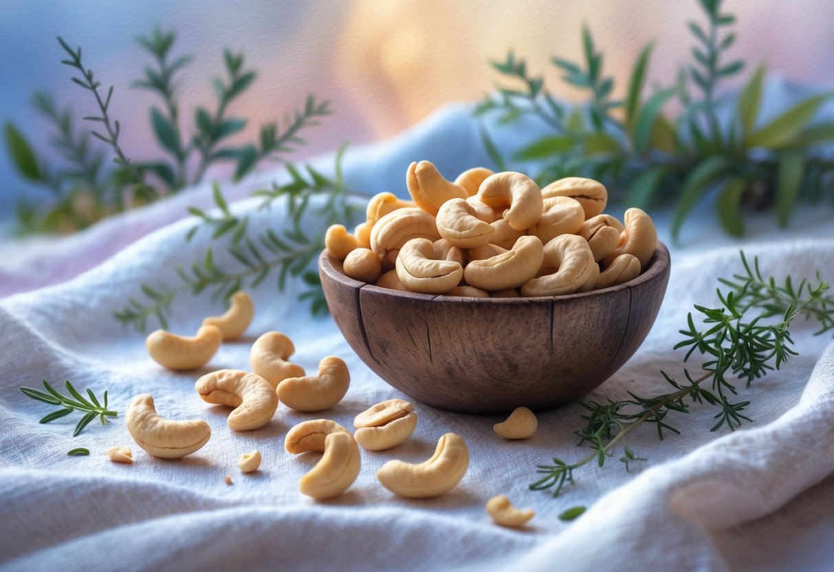 A close-up view of raw cashew nuts spilling from a wooden bowl onto a cloth, surrounded by green leaves and herbs.