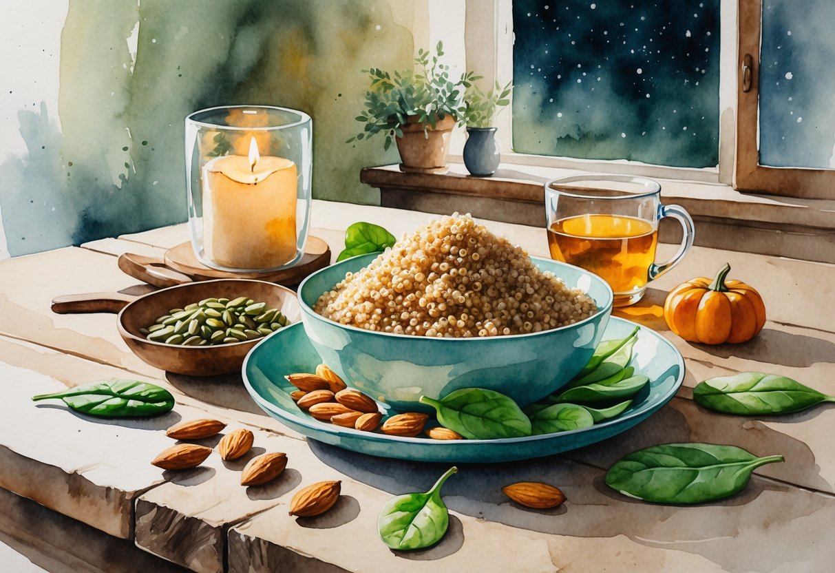 A bowl of cooked quinoa on a wooden table surrounded by almonds, pumpkin seeds, spinach leaves, and a glass of tea with a candle and a night sky visible through a window.