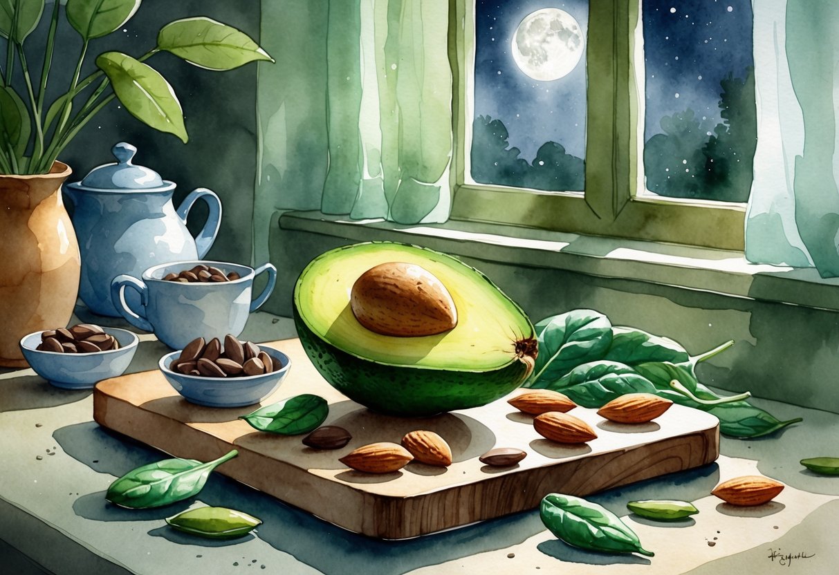 A peaceful kitchen scene with a halved avocado on a cutting board surrounded by almonds, spinach, pumpkin seeds, and dark chocolate, with moonlight coming through a window.