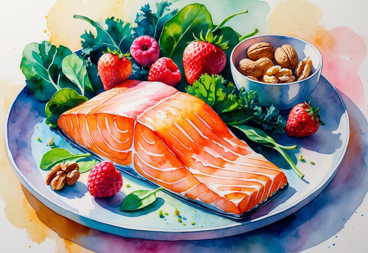 A plate with fresh salmon fillet surrounded by leafy greens, red berries, and walnuts on a softly colored background.