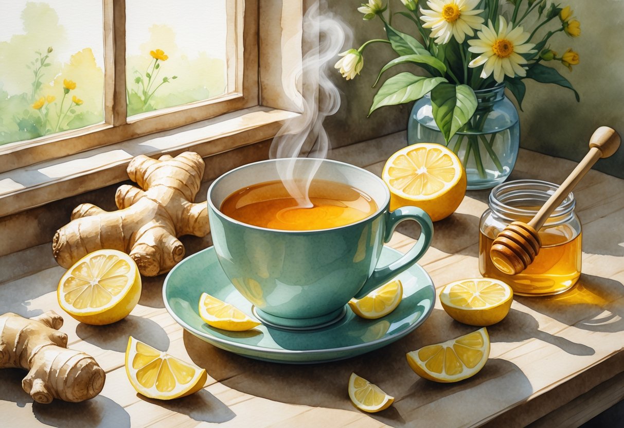 A steaming cup of ginger tea on a wooden table surrounded by fresh ginger, lemon slices, and a honey jar with a wooden dipper.