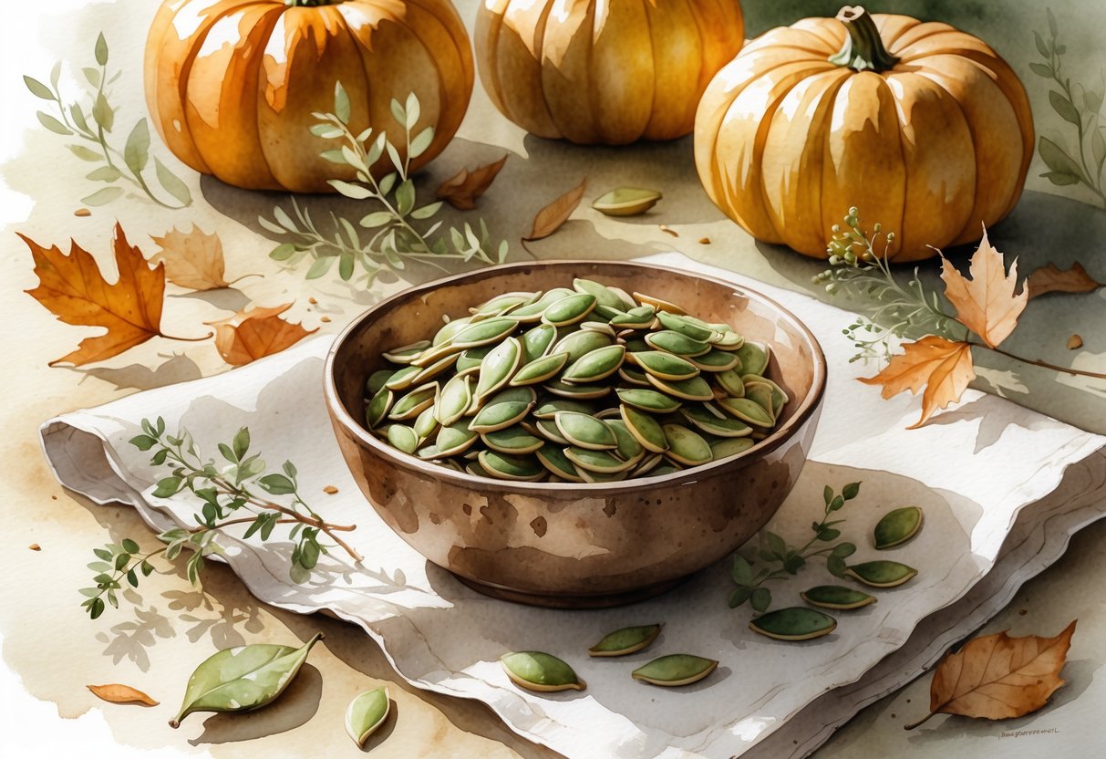 A bowl of pumpkin seeds surrounded by dried leaves, herbs, and pumpkins on a cloth.